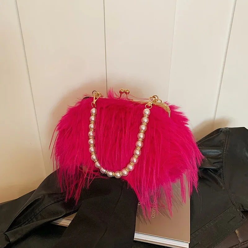 Bolsa feminina de pele sintética, bolsa de ombro felpuda, bolsa tiracolo, designer senhora, embreagem de concha, luxo, inverno, nova, 2022