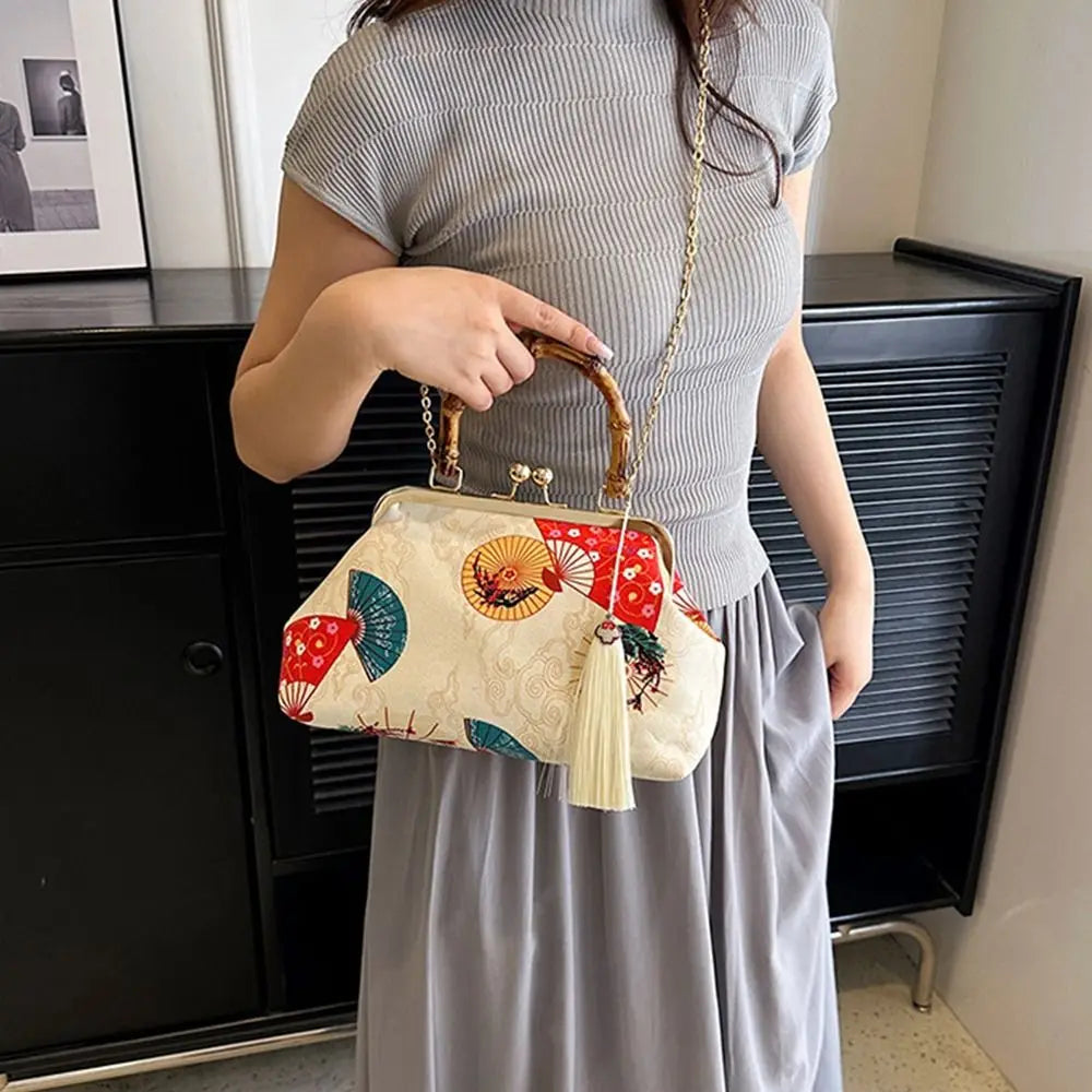 Bolsa de mão de noite com alça de rattan, guindaste coroado vermelho, estampa de borla, corrente, bolsa de ombro, bolsa crossbody para mulheres, noiva, casamento