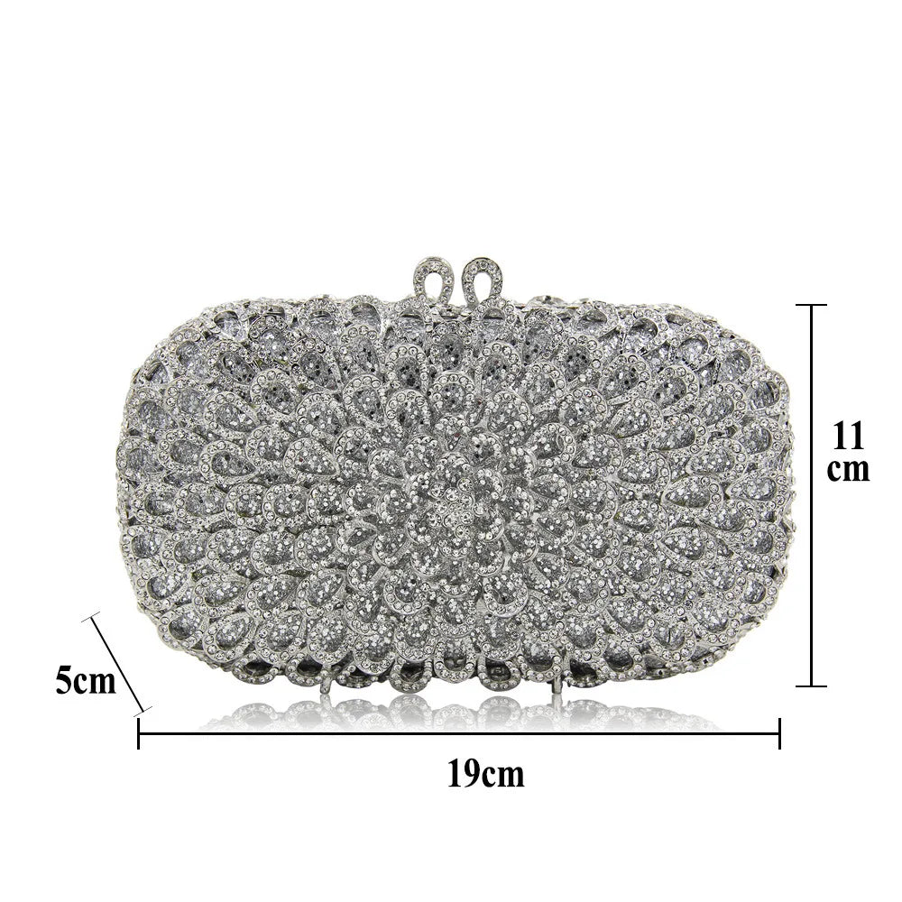 Strass vazio metal cristal jantar diamante bolsa de embreagem feminina mini crossbody com corrente de strass floral frisado sacola