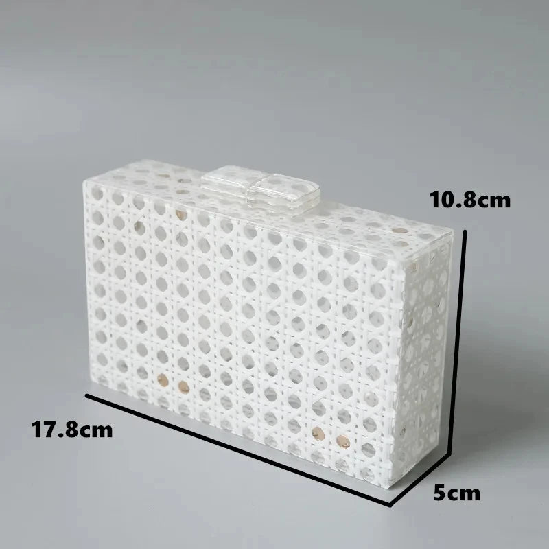 Bolsa de embreagem acrílica sólida Rattan branco para mulheres, bolsa de noite luxuosa, casual box, moda moda bolsas bolsa de festa, nova