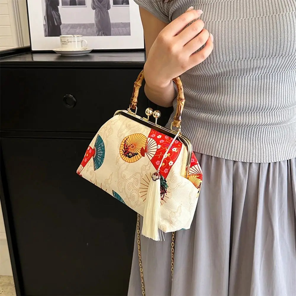 Bolsa de mão de noite com alça de rattan, guindaste coroado vermelho, estampa de borla, corrente, bolsa de ombro, bolsa crossbody para mulheres, noiva, casamento