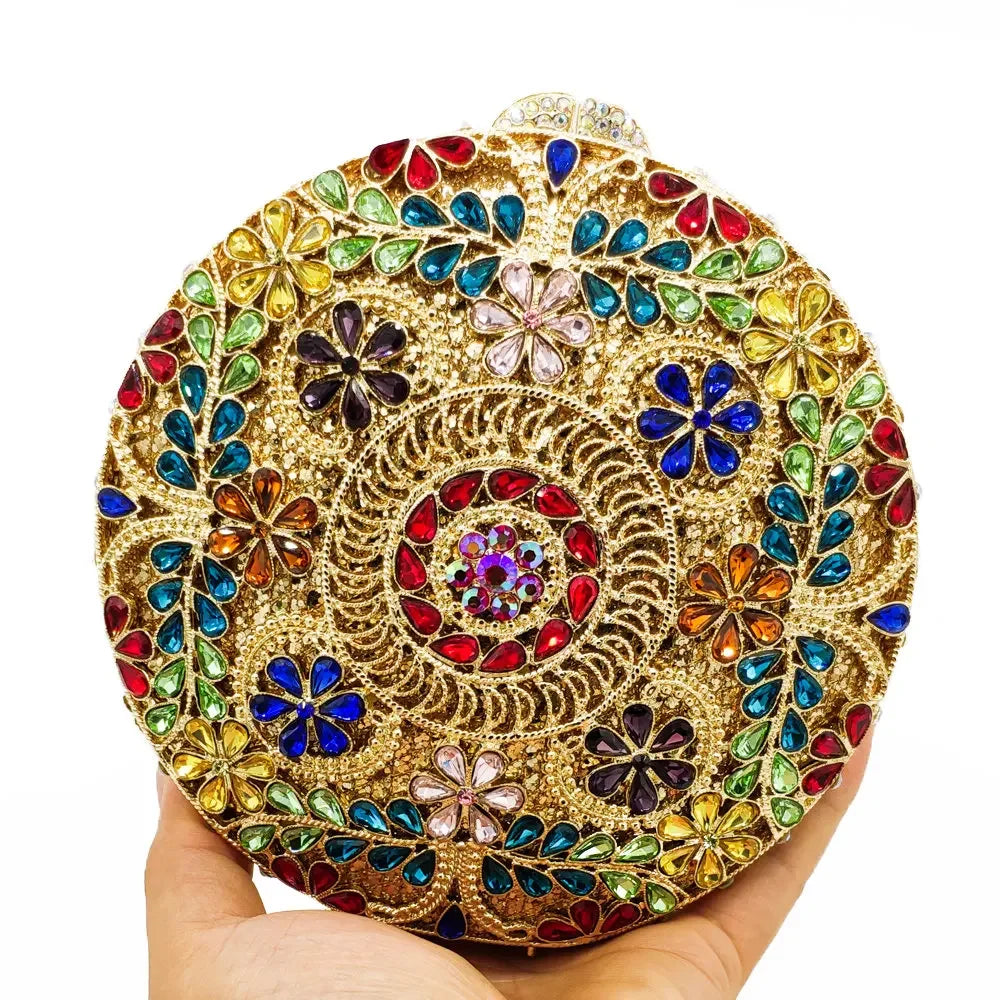 Boutique de fgg (em estoque) redondo circular oco para fora das mulheres cristal embreagem noite minaudiere saco casamento bolsa nupcial