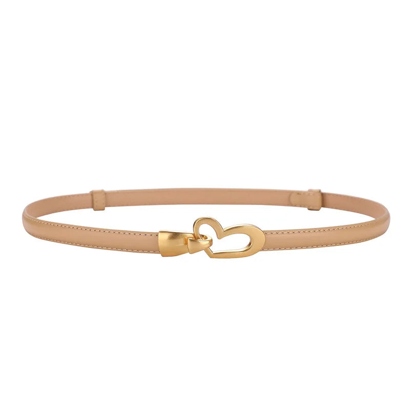 Cinto feminino de couro genuíno, cinto fino de couro skinny para calças, fivela em forma de coração dourada da moda