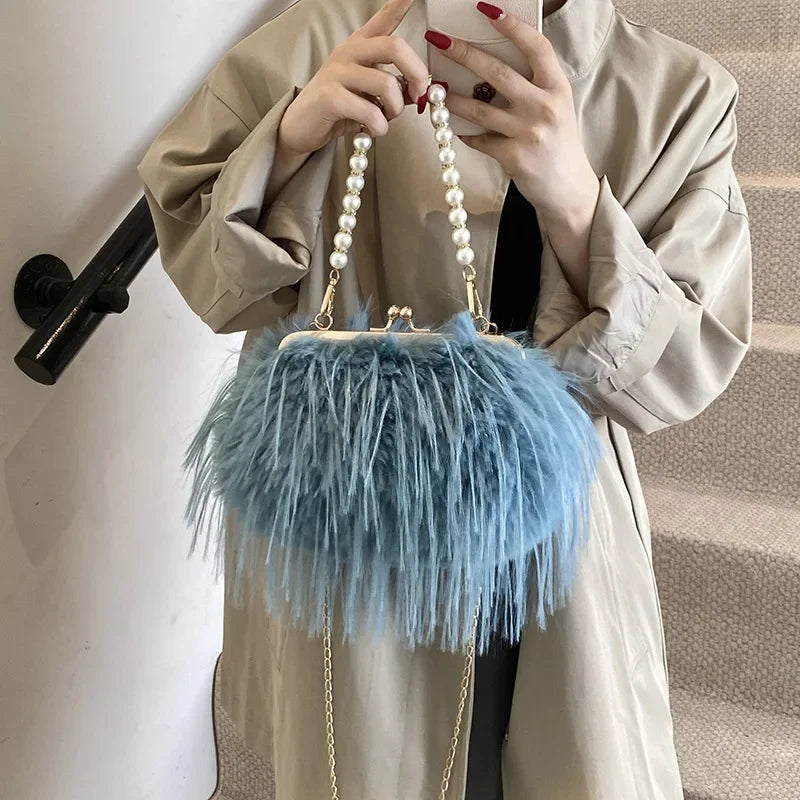 Bolsa feminina de pele sintética, bolsa de ombro felpuda, bolsa tiracolo, designer senhora, embreagem de concha, luxo, inverno, nova, 2022