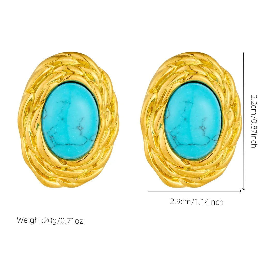 Dieyuro 316l aço inoxidável dourado tecido oval incrustado turquesa brinco para mulheres nova tendência moda orelha fivela jóias presente
