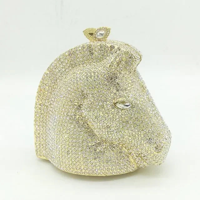 Boutique de fgg cabeça de cavalo dourado feminino cristal noite bolsa e bolsa festa casamento minaudiere animal strass saco embreagem