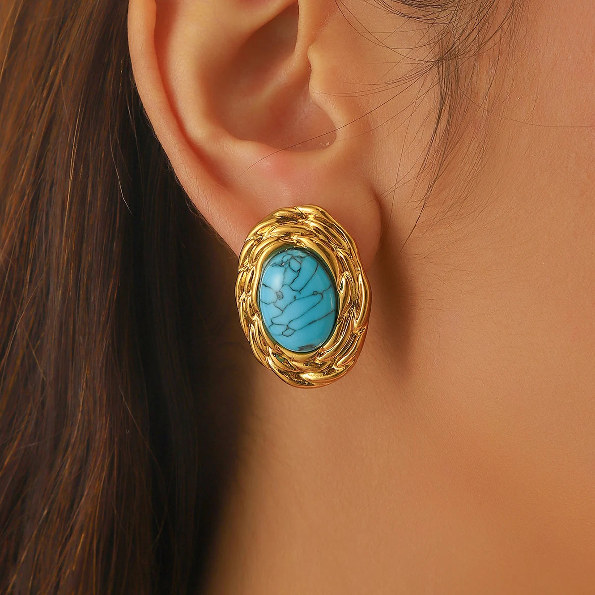 Dieyuro 316l aço inoxidável dourado tecido oval incrustado turquesa brinco para mulheres nova tendência moda orelha fivela jóias presente