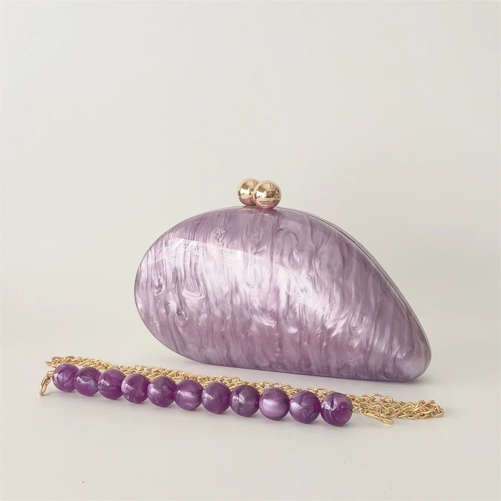 Oval roxo Shell bolsas acrílicas para mulheres, bolsas, ombro, bolsa crossbody com corrente, bolsa de embreagem, bolsas para festa de casamento