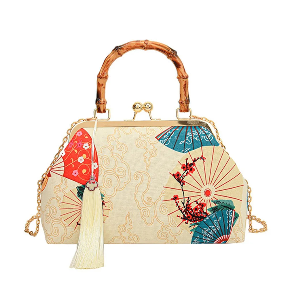 Bolsa de mão de noite com alça de rattan, guindaste coroado vermelho, estampa de borla, corrente, bolsa de ombro, bolsa crossbody para mulheres, noiva, casamento