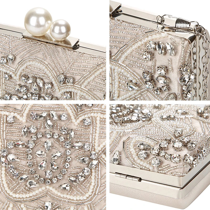 Apricot Silver Crystal Clutch Bags para mulheres, artesanal, frisado, pérola, bolsa do casamento, bolsas de luxo, sacos de ombro, ZD1361
