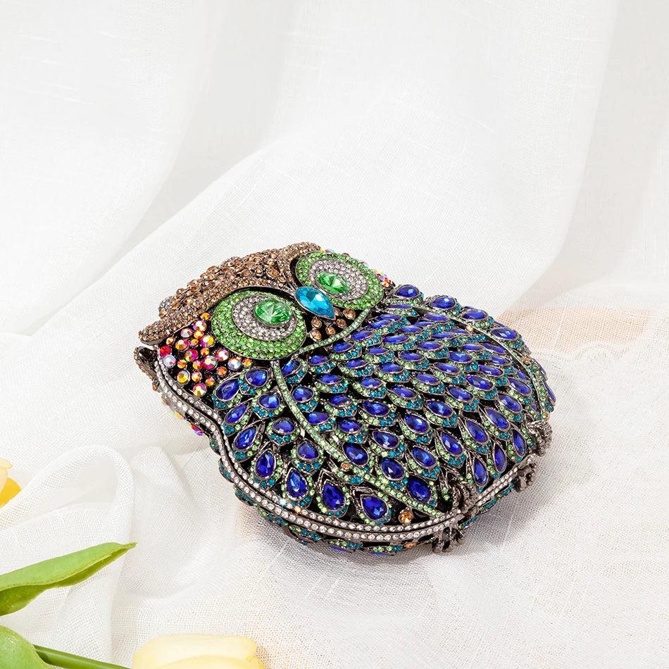 Coruja em forma de cristal noite bolsa de embreagem feminina novo designer luxo chique novidade azul strass metal bolsa e bolsa personalidade