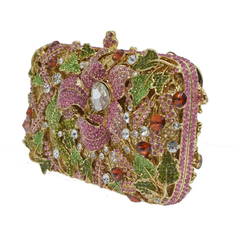 Mulheres diamante noite baile embreagens verde/rosa flor folhas sacos de luxo senhora cristal bolsa designer meninas bolsas casamento