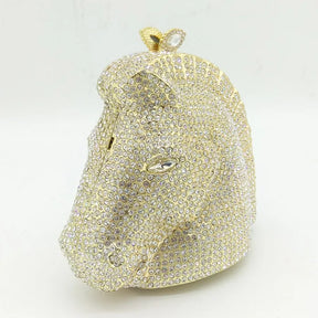 Boutique de fgg cabeça de cavalo dourado feminino cristal noite bolsa e bolsa festa casamento minaudiere animal strass saco embreagem