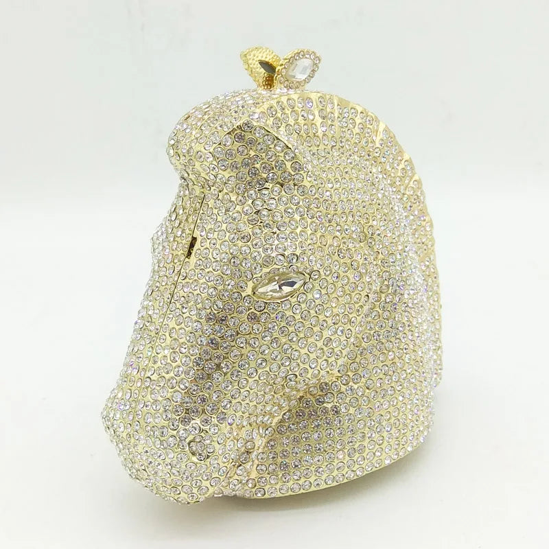 Boutique de fgg cabeça de cavalo dourado feminino cristal noite bolsa e bolsa festa casamento minaudiere animal strass saco embreagem