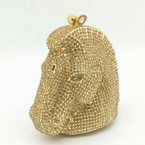 Boutique de fgg cabeça de cavalo dourado feminino cristal noite bolsa e bolsa festa casamento minaudiere animal strass saco embreagem