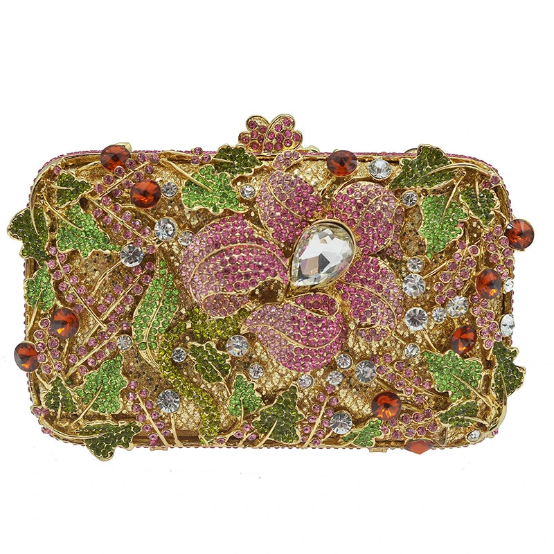 Mulheres diamante noite baile embreagens verde/rosa flor folhas sacos de luxo senhora cristal bolsa designer meninas bolsas casamento