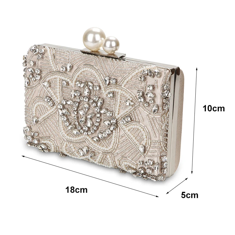 Apricot Silver Crystal Clutch Bags para mulheres, artesanal, frisado, pérola, bolsa do casamento, bolsas de luxo, sacos de ombro, ZD1361