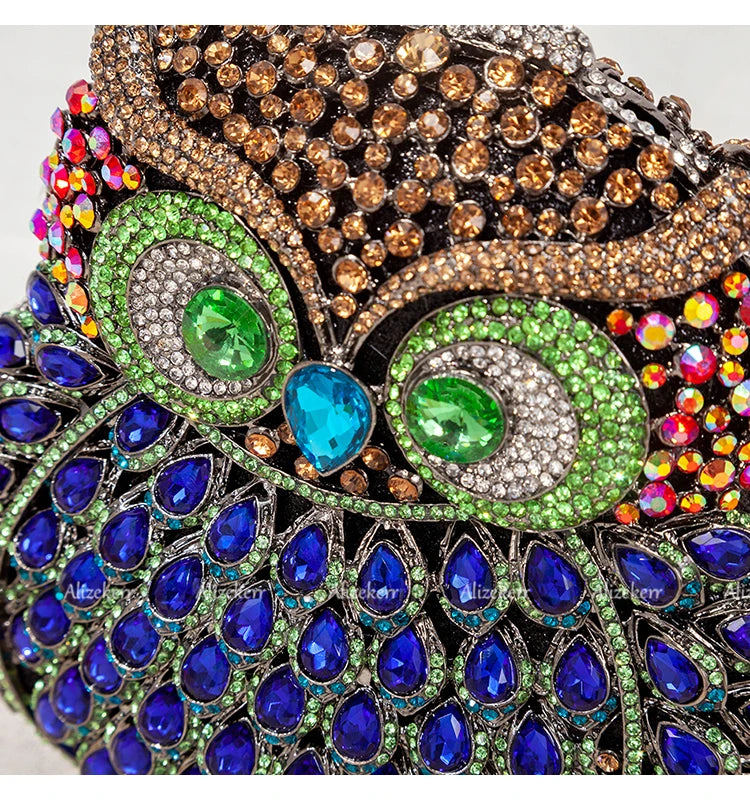 Coruja em forma de cristal noite bolsa de embreagem feminina novo designer luxo chique novidade azul strass metal bolsa e bolsa personalidade