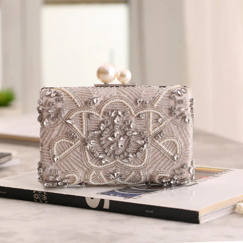 Apricot Silver Crystal Clutch Bags para mulheres, artesanal, frisado, pérola, bolsa do casamento, bolsas de luxo, sacos de ombro, ZD1361