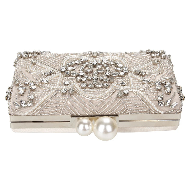 Apricot Silver Crystal Clutch Bags para mulheres, artesanal, frisado, pérola, bolsa do casamento, bolsas de luxo, sacos de ombro, ZD1361