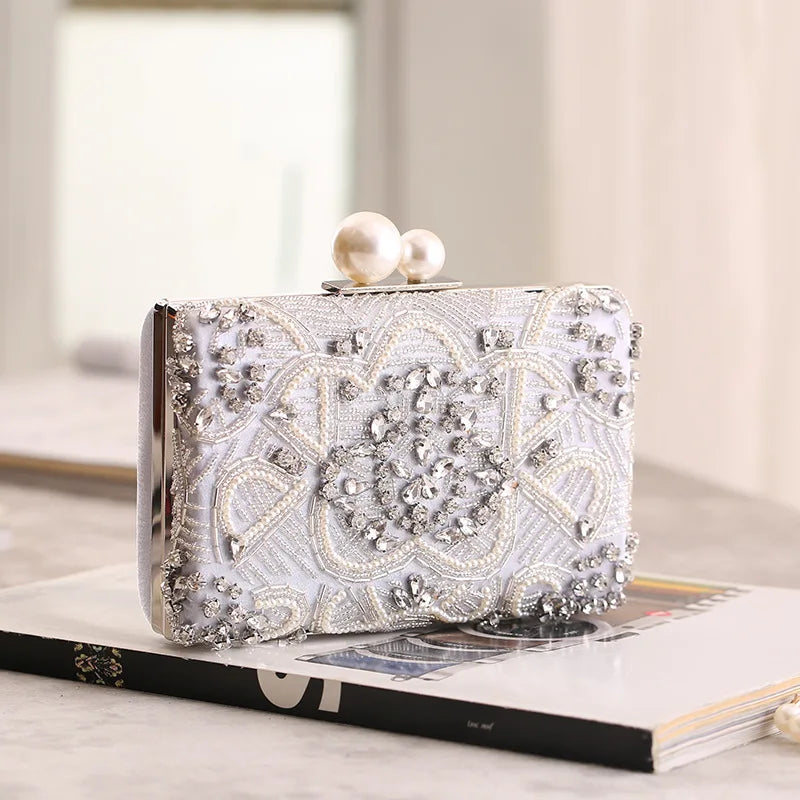 Apricot Silver Crystal Clutch Bags para mulheres, artesanal, frisado, pérola, bolsa do casamento, bolsas de luxo, sacos de ombro, ZD1361