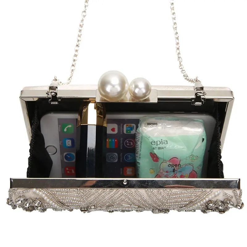 Apricot Silver Crystal Clutch Bags para mulheres, artesanal, frisado, pérola, bolsa do casamento, bolsas de luxo, sacos de ombro, ZD1361