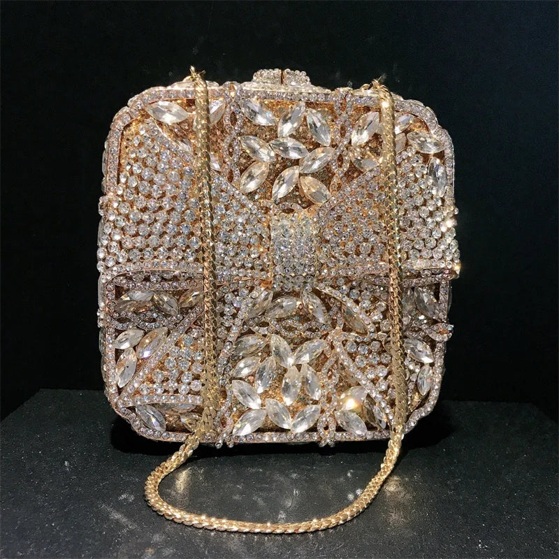 Caixa de presente com laço de borboleta incrustada com diamantes, bolsa quadrada pequena de mão com strass de alta qualidade, bolsa de ombro crossbody