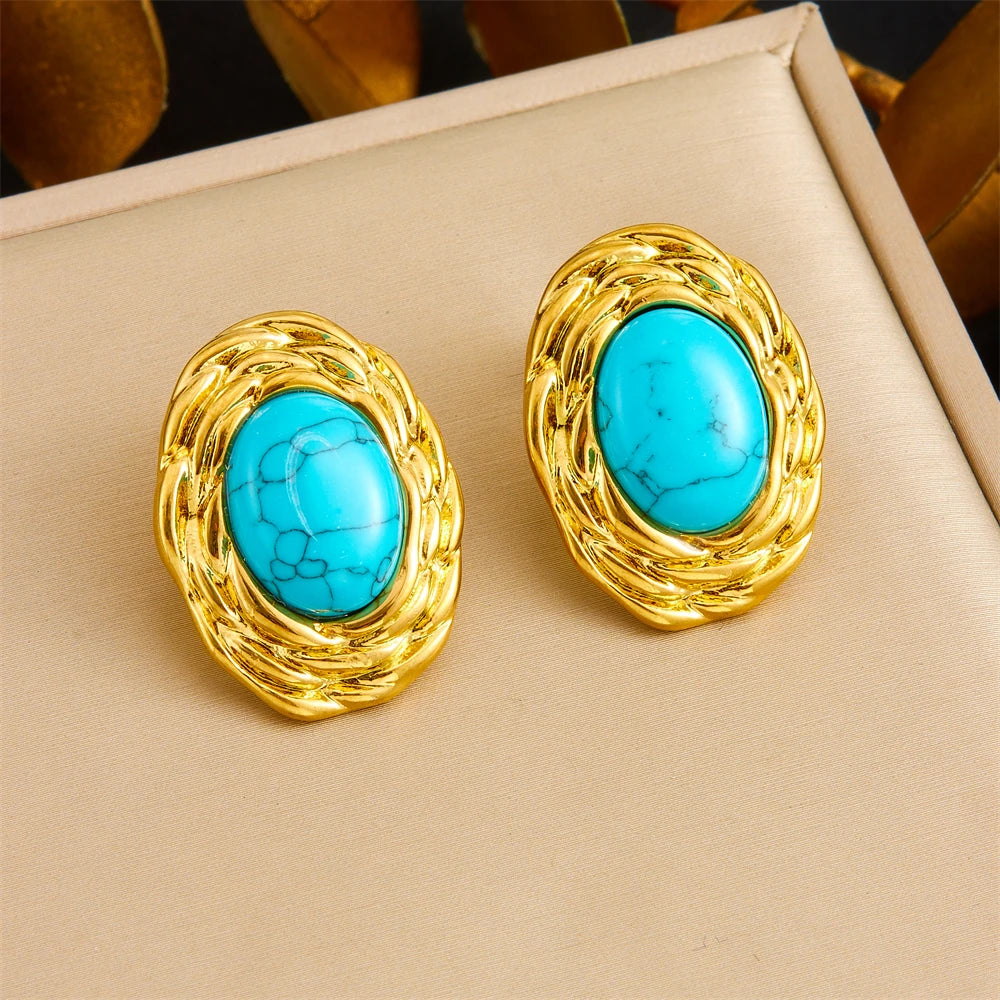 Dieyuro 316l aço inoxidável dourado tecido oval incrustado turquesa brinco para mulheres nova tendência moda orelha fivela jóias presente