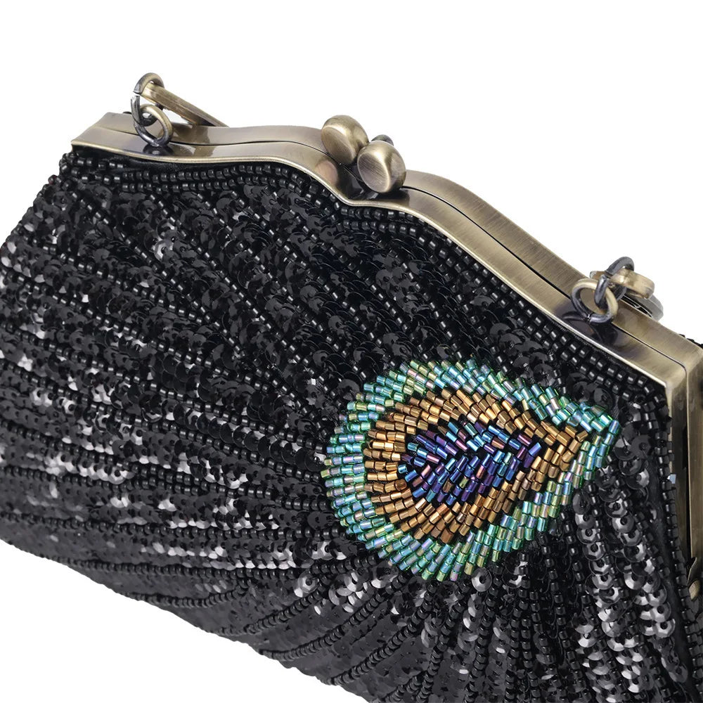 Bolsa retrô crossbody com miçangas brilhantes, para noite, cheongsam, bolsa de nuvem de poliéster macio, formato de zíper, fivela, fechamento, combinação diária