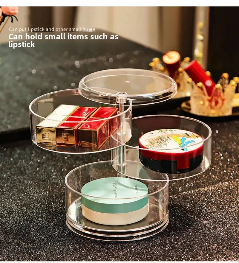Caixa de armazenamento de jóias acrílica transparente rotativa mesa de maquiagem organizador à prova de poeira oferta por atacado para arranjo de mesa