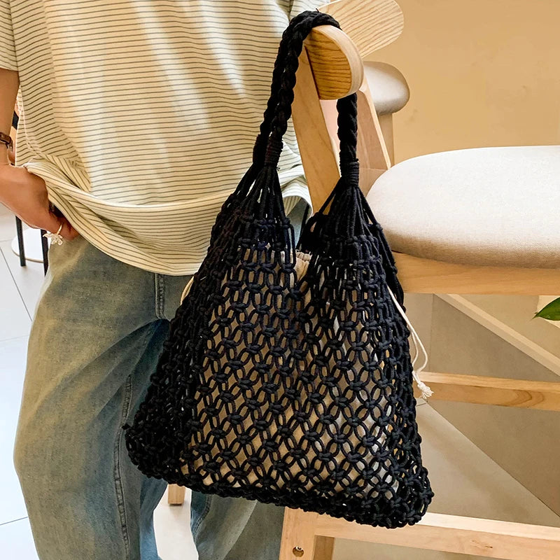 Bolsa feminina de grande capacidade, bolsa de ombro vazada, bolsa de praia de viagem vintage, pacote de compras