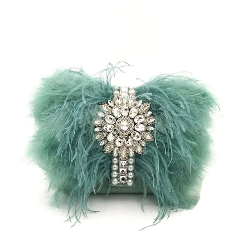 Luxo pena de avestruz sacos de noite para as mulheres 2025 corrente ombro crossbody saco borla festa embreagem bolsa verde bolsas casamento