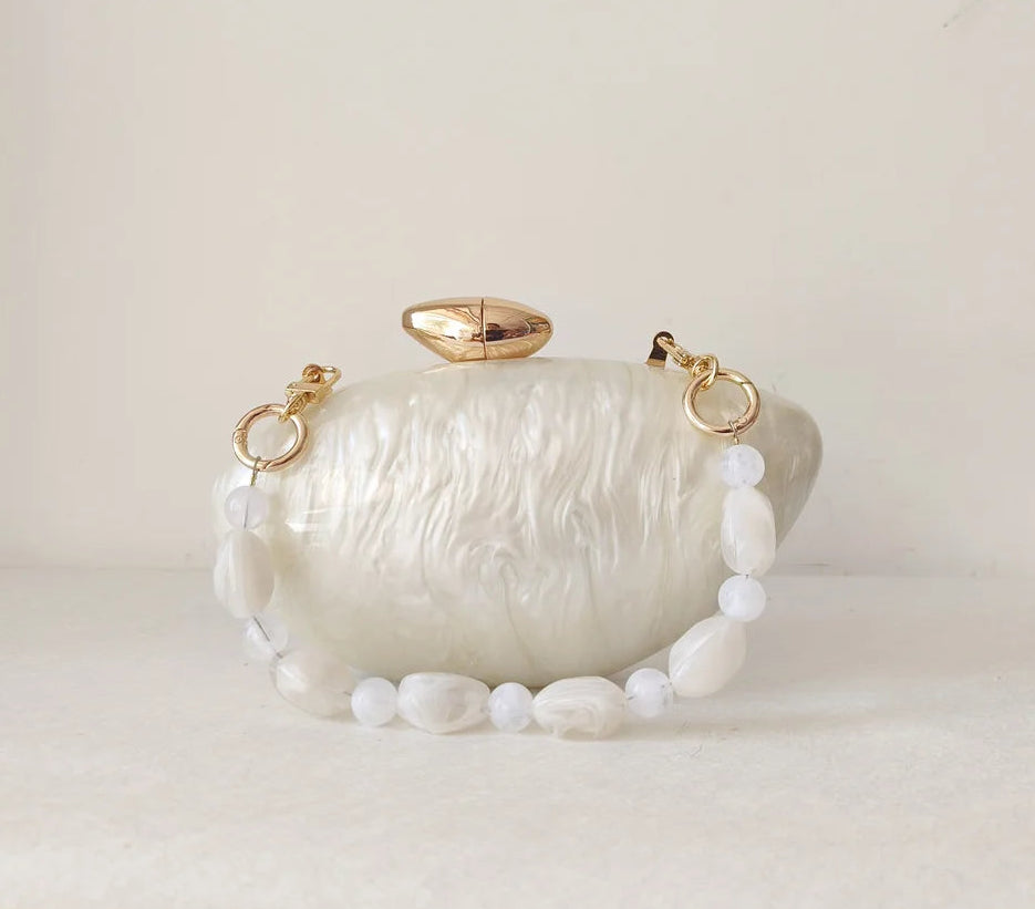 Caixa acrílica bege pérola shell ovo sacos de embreagem para mulheres, bolsa frisada feminina, bolsas noite, casamento, dama de honra, festa, senhora