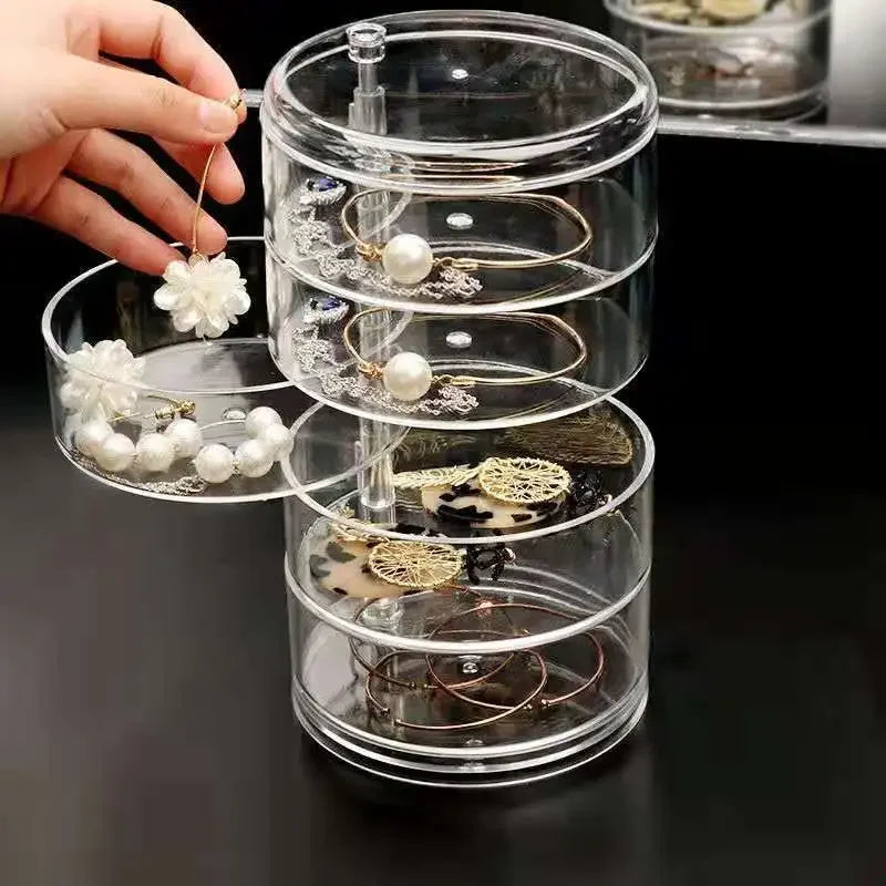 Caixa de armazenamento de jóias acrílica transparente rotativa mesa de maquiagem organizador à prova de poeira oferta por atacado para arranjo de mesa