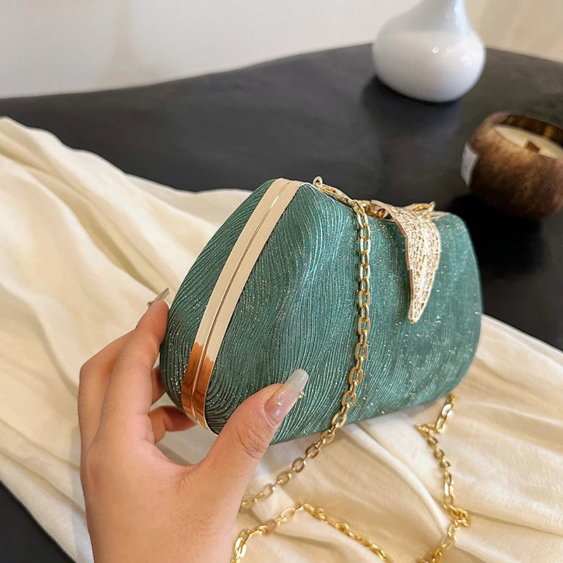 Saco de banquete de fivela de folha elegante, Bolsa portátil com corrente versátil, Vestido Cruz Diagonal, Novo, 2024
