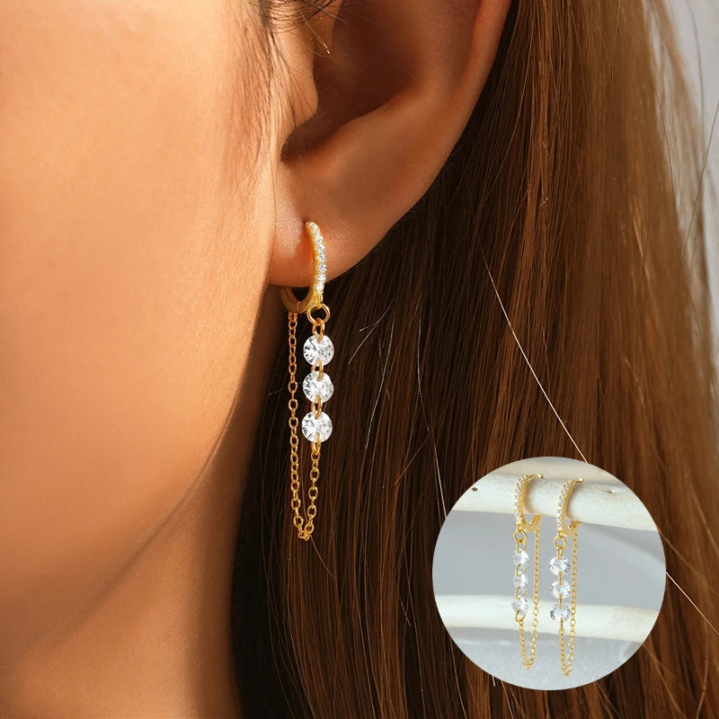 Aide 925 prata esterlina três zircão gota longa corrente ouro hoop fivela piercing brincos para mulheres casual jóias festa presente