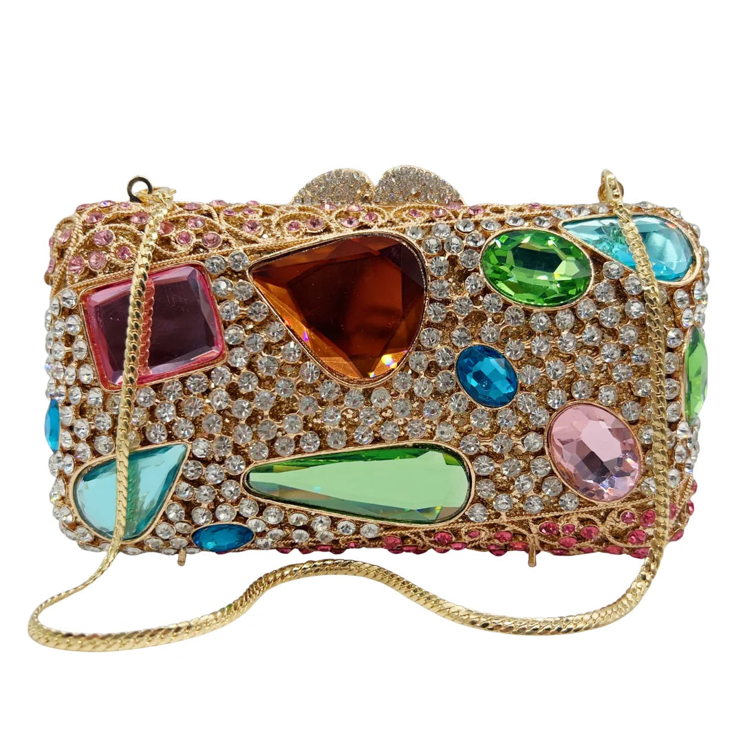 Embreagem de vidro iridescente dourado-branco, bolsa de noite em mosaico perolado para mulheres. Bolsa artesanal personalizada OEM, baixo MOQ no atacado da Fac