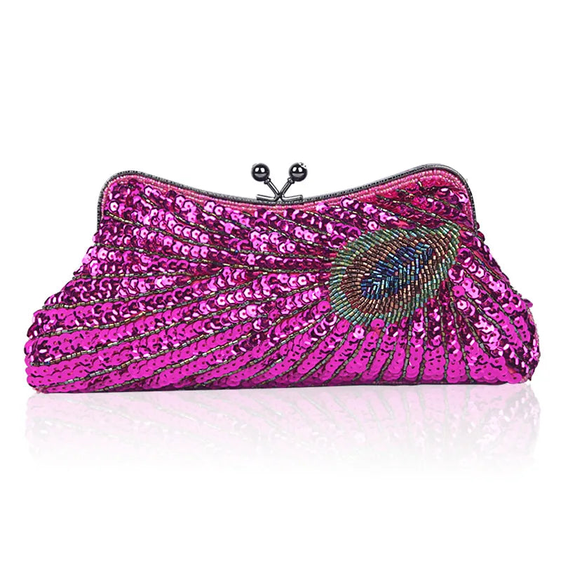Moda fina pavão lantejoulas jantar sacos de noite para mulheres retro na moda champanhe azul corrente bolsa ombro crossbody festa bolsa