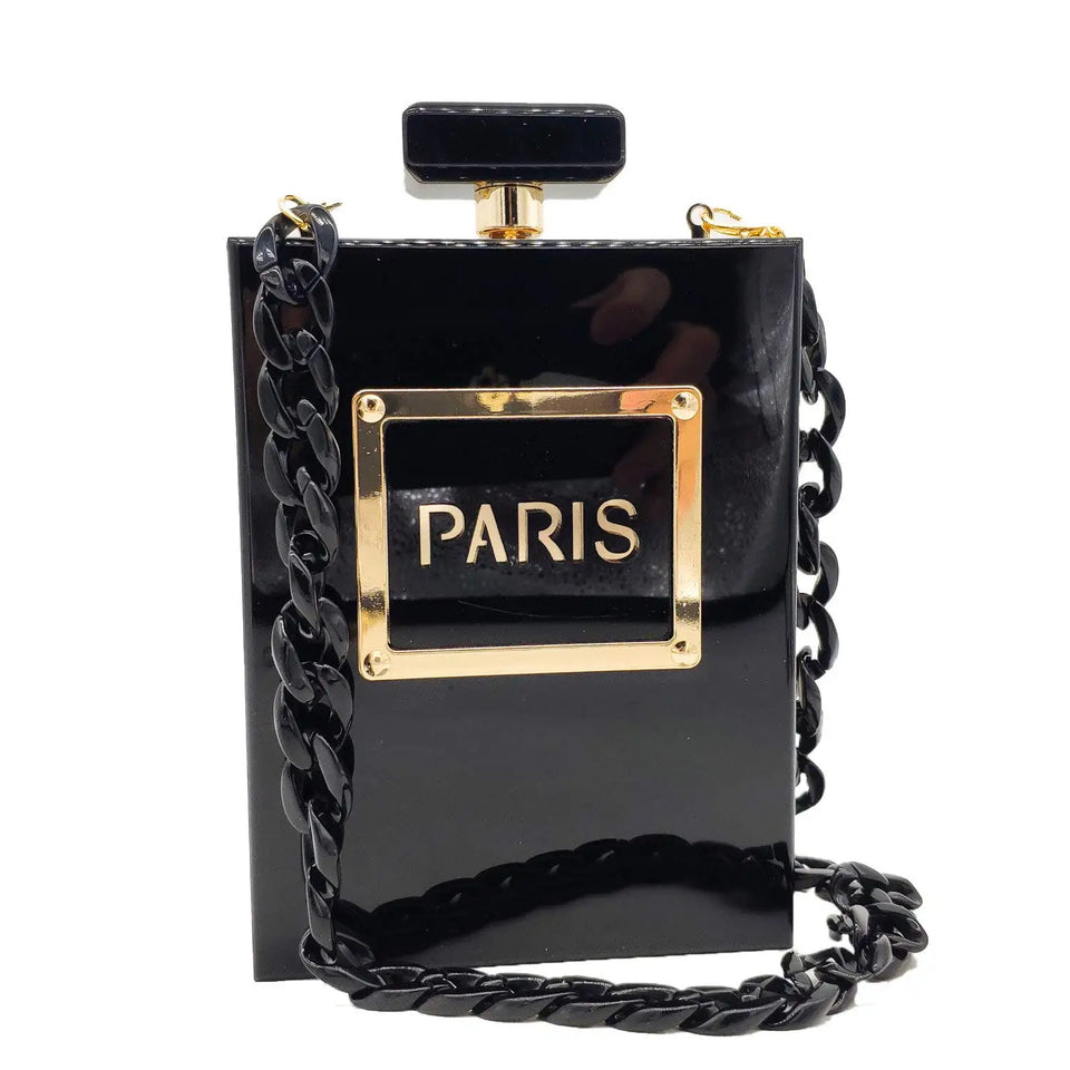 Sacos de noite feminino acrílico paris perfume em forma preto bolsa bolsas embreagem vintage banquete bolsa luxo ombro crossbody sacos