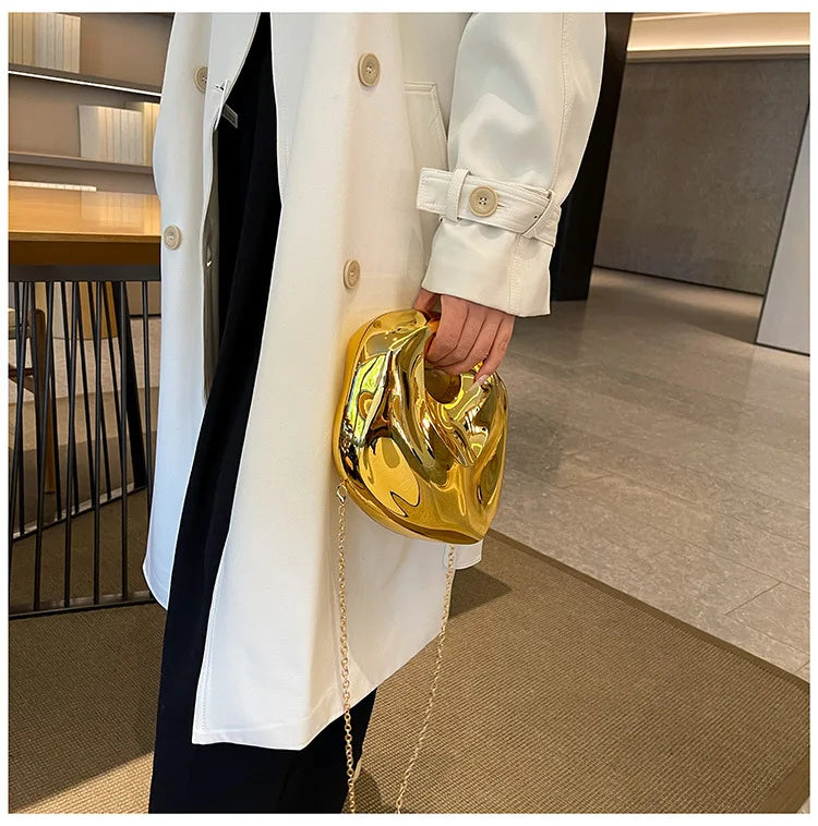 Nova moda acrílico forma de ovo bolsa embreagem para mulheres ouro prata saco festa à noite luxo shinny caixa metal ombro crossbody sacos