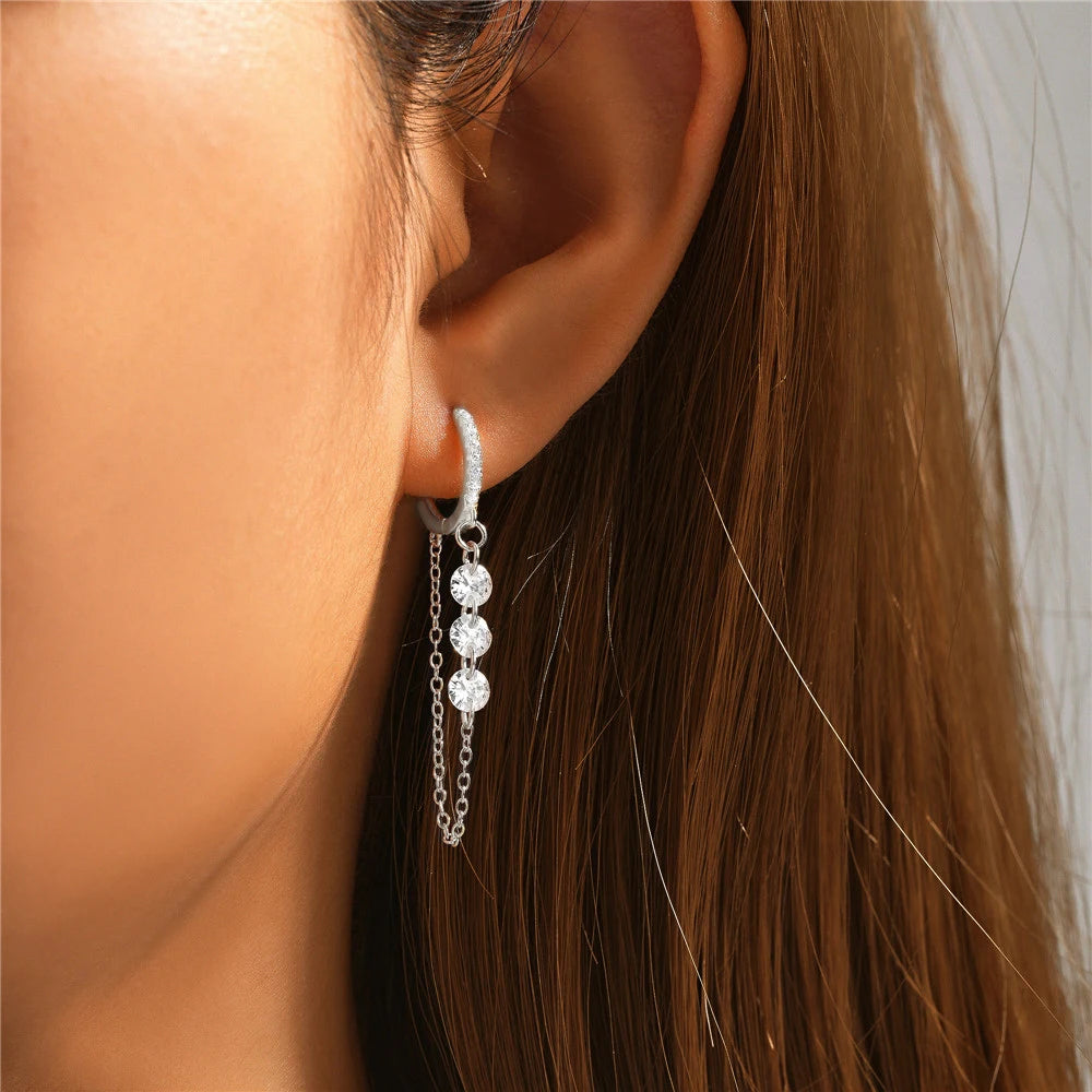 Aide 925 prata esterlina três zircão gota longa corrente ouro hoop fivela piercing brincos para mulheres casual jóias festa presente
