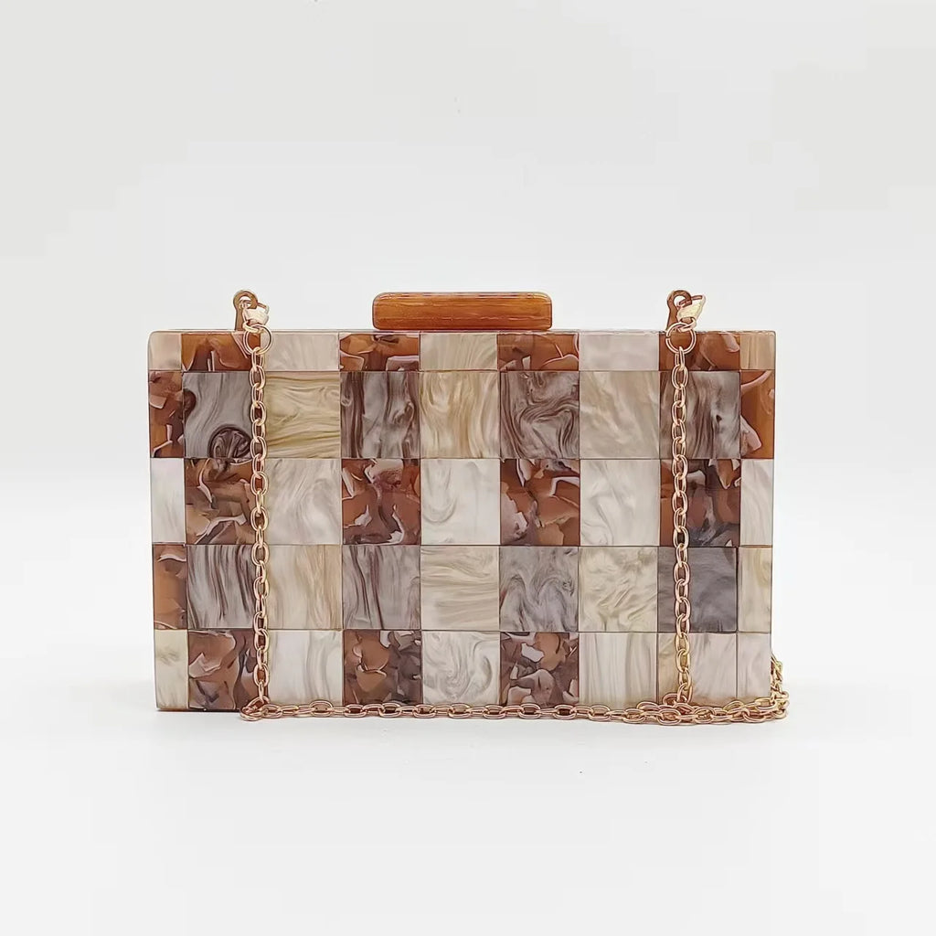 Designer corrente crossbody saco de festa de casamento feminino carteira bolsas luxo acrílico bolsa embreagem café xadrez retalhos sacos noite