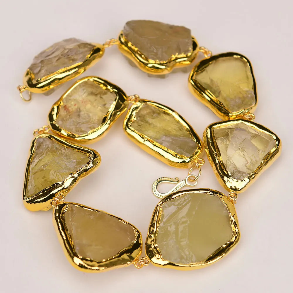 G-G 18 '' Natural Limão Quartzo Grande Bruto Borda de Ouro Banhado Gargantilhas Colar