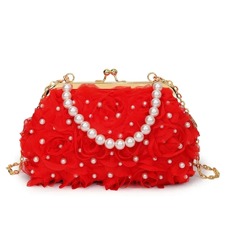 Doce estilo pérola corrente noite saco de embreagem malha macia renda dobrado bainha versão coreana bolsa crossbody para mulher