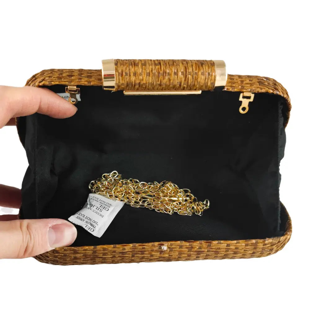 Boutique de fgg palha feminina embreagens de metal corrente ombro e crossbody sacos senhoras festa cockatail noite praia bolsa embreagem