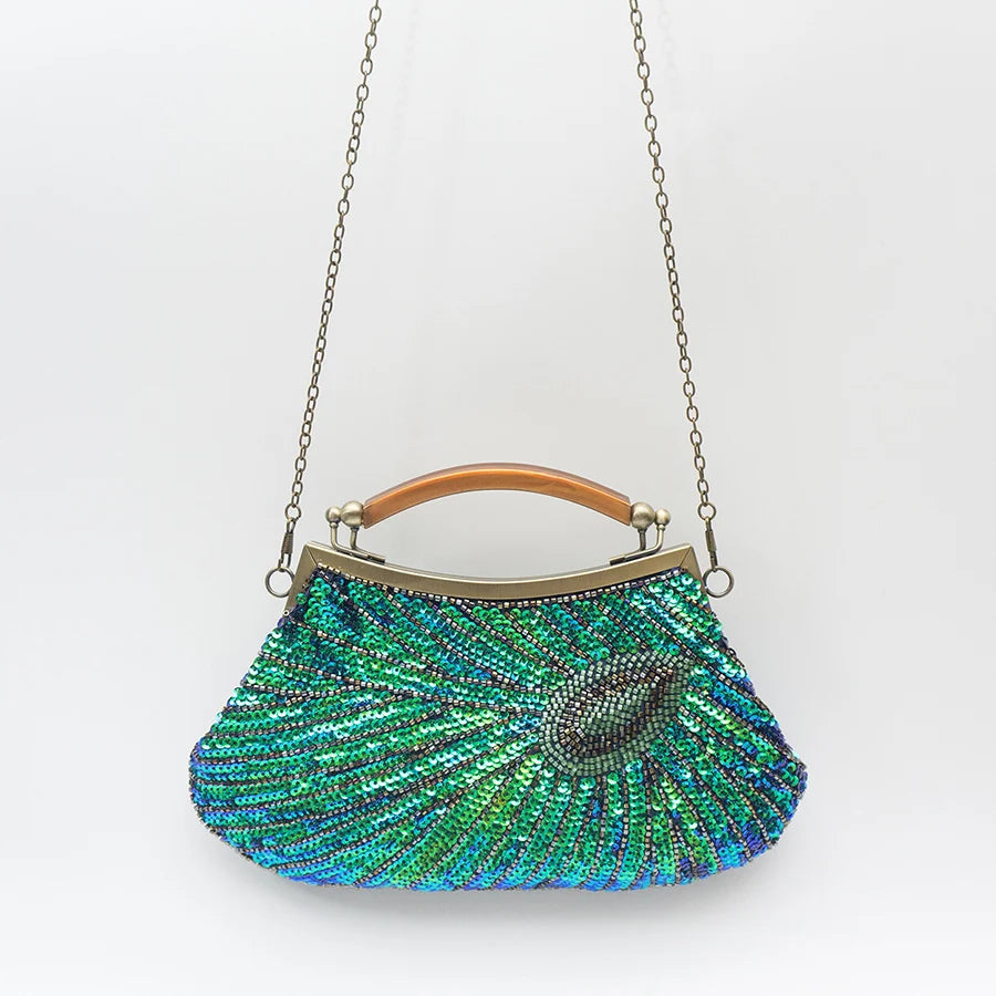 Bolsa luxuosa de lantejoulas com penas de pavão, feita à mão, retrô, cheongsam, bolsa de jantar, bolsa de mão com contas para vestido de casamento, jantar