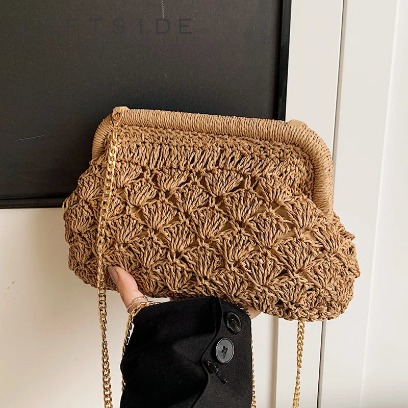 LEFTSIDE Weave Pequenas Bolsas de Ombro de Palha para Mulheres 2025 Verão Nova Tendência Bolsa Crossbody Feminina Corrente ​ Bolsas de praia de ráfia