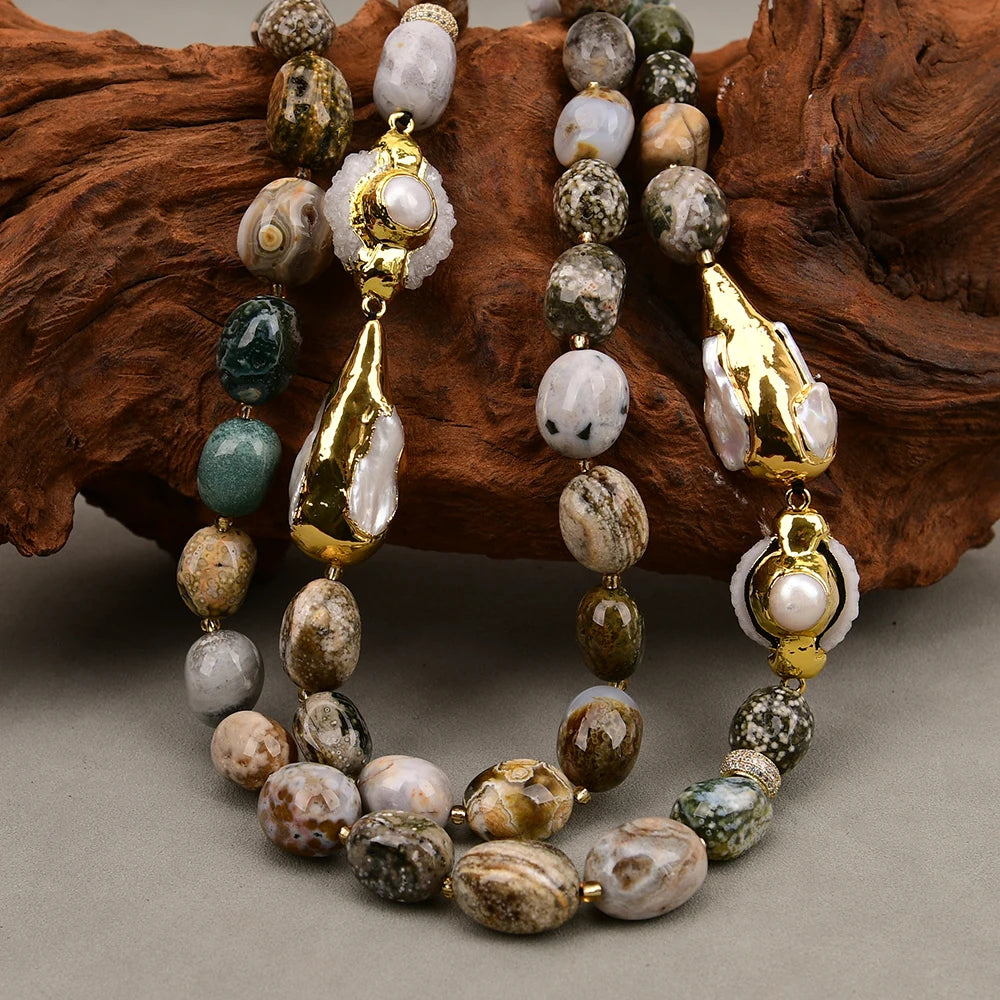 Colar de Ágata Oceânica Natural G-G com 2 Fileiras, Pérola Biwa Branca, Quartzo Druzy, Feito à Mão para Mulheres