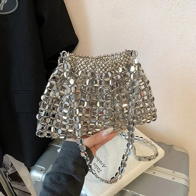 Corrente pu lantejoulas bolsas de ombro outono novo oco para fora senhoras sacos 2025 venda quente requintado senso de luxo tira crossbody saco