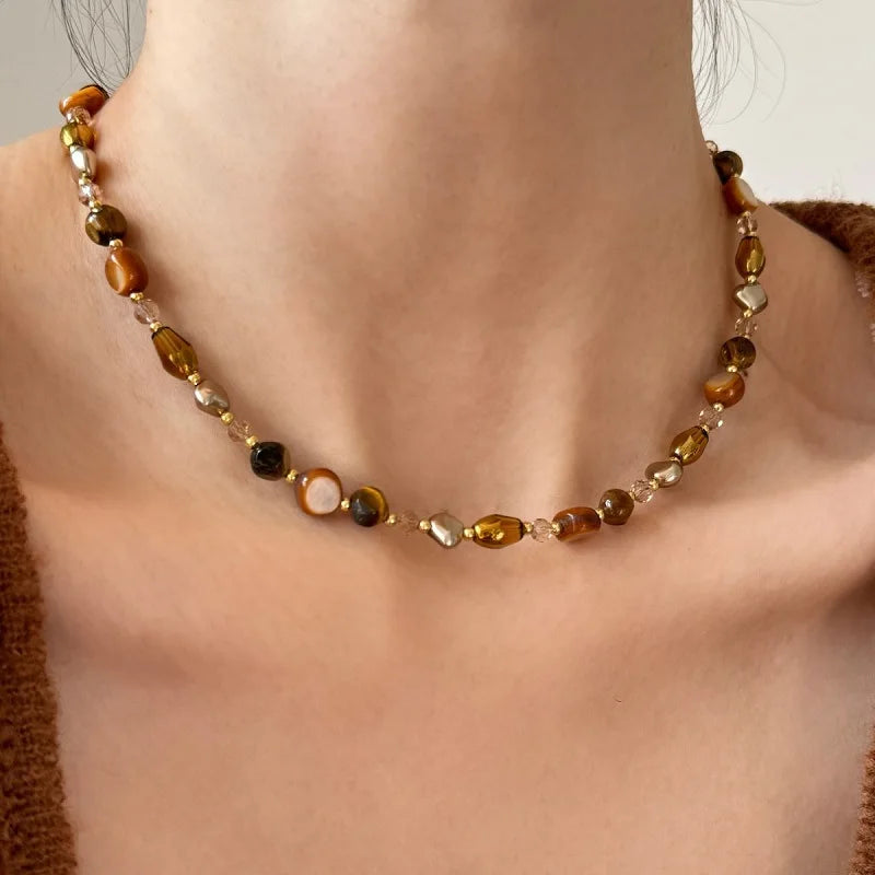 Vintage marrom natural tigre olho pedra gargantilha colar para mulher 2025 nova moda artesanal frisado corrente colar jóias presente